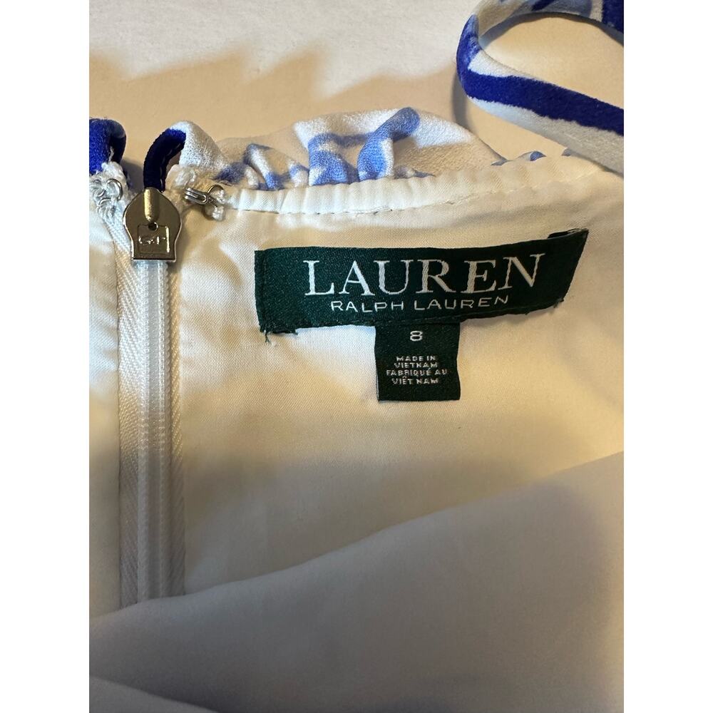 Lauren by Ralph Lauren Women's Cold-Shoulder Floral Crepe Blue And White Dress 8 - Picture 7 of 7